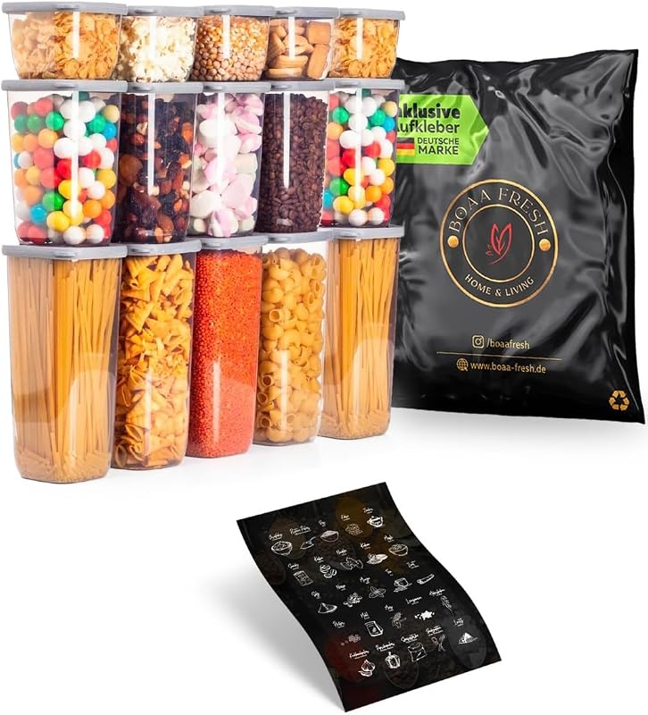 BOAA Fresh 15 darabos tárolóedény készlet szürke szilikon fedéllel és 25 címkével, BPA-mentes konyhai tároló szett 1750ml 1200ml 550ml