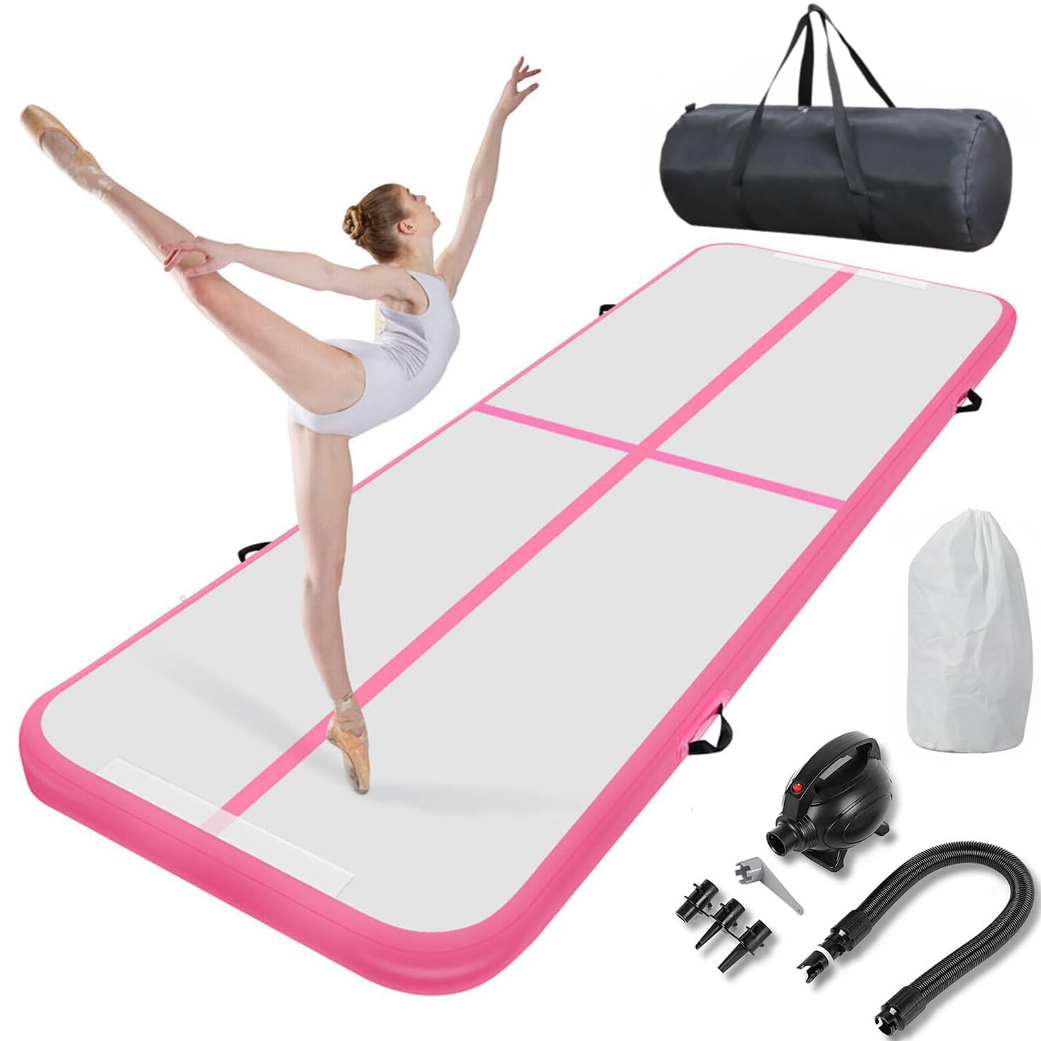 Inflatable Gymnastics Mat Tumble Track Gym Floor Mat 3M 4M 5M 6M Air Tumbling Training Track Thick 10cm with Electric Pump for Gymnastics Home Kids Tumble Training/Yoga/Water/Pilates (Pink, 6m/20ft)