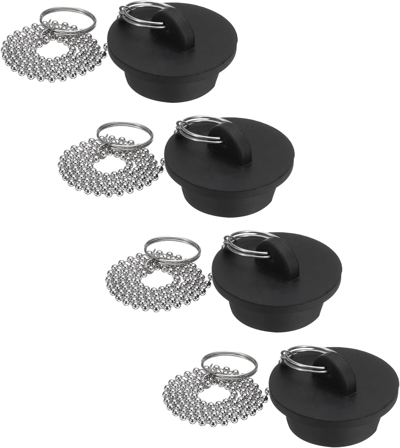 uxcell 4Pcs Tub Stoppers, Rubber Bathtub Stoppers 1-1/2" Kitchen Sink Drain Stopper, Bathroom Drain Plug with Pull Ring and 15" Stainless Steel Beaded Chain, Black