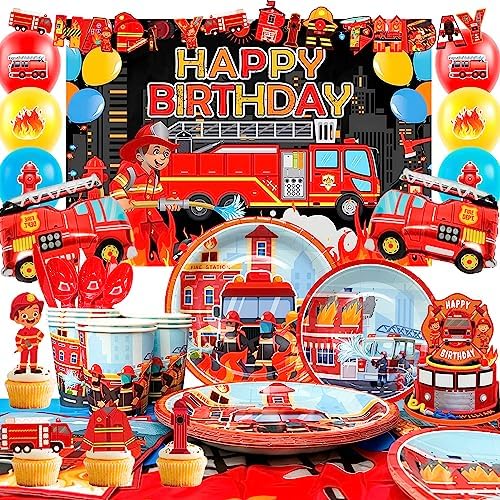 Fire Truck Birthday Party Supplies, Party Plates, Napkins And Cups...