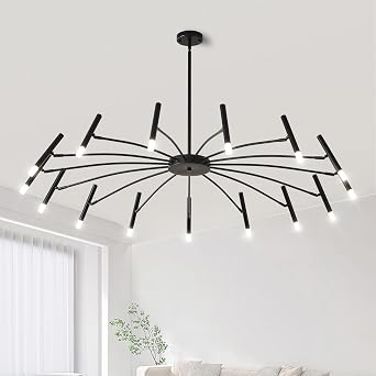 EGM 53 Black Modern Chandelier, 15-Light Iron LED Chandeliers for High Ceiling, Sputnik Light Fixture with G9 Bulbs, Contemporary Chandelier for Dining Room Living Room