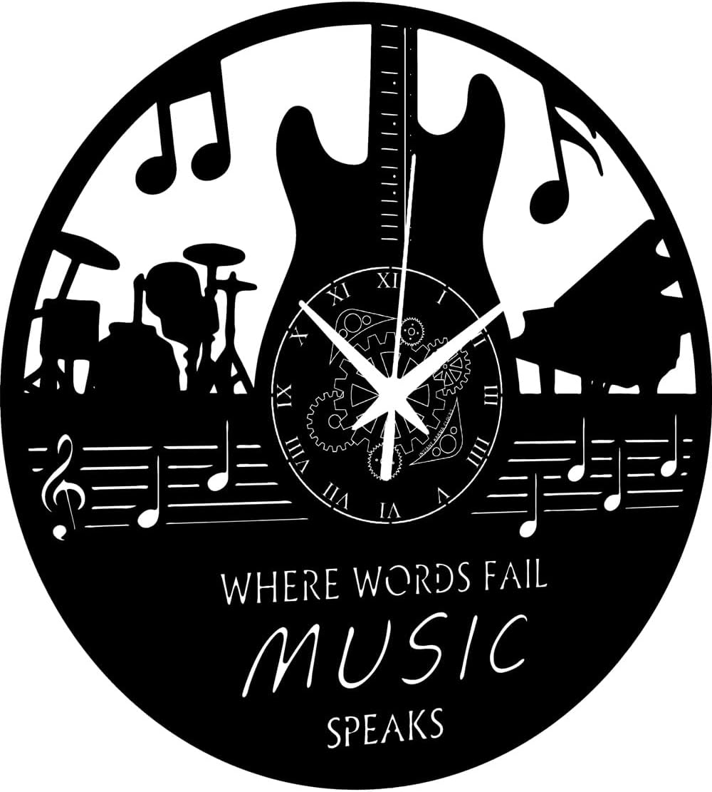 | Wall Clock | Music | Guitar | Keyboard | Drummer | Pop Rock Band | No Ticking Home Decoration, Vinyl, Black, ⌀12 inch