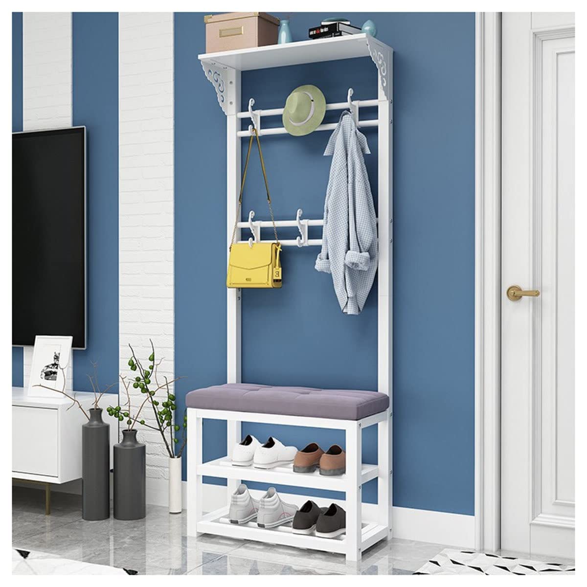 MSHGSKU Multifunctional White Coat Rack with Shoe Bench 100cm Entryway nizer Freestanding Clothes Hanger and Shoe Storage for Home Entryway Decor