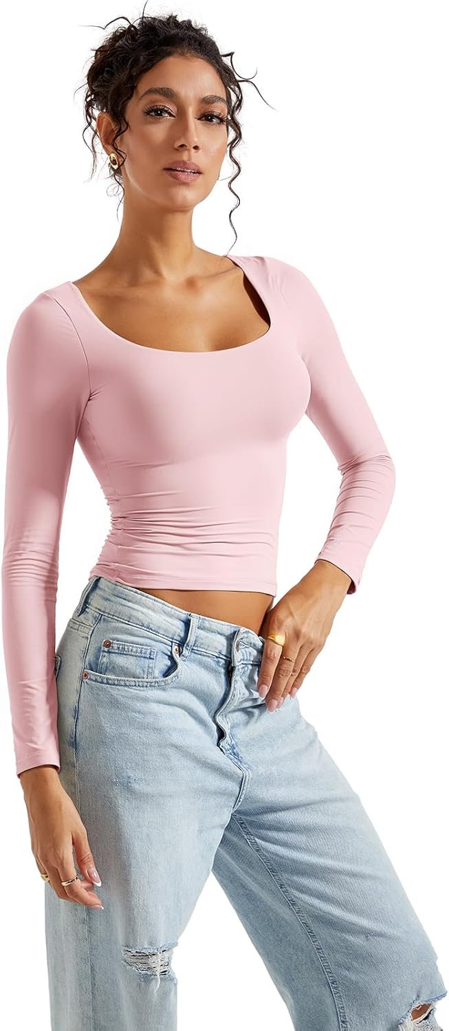 SUUKSESS Women Double Lined Fitted Basic T Shirts Scoop Neck Long Sleeve Crop Top - Image 2