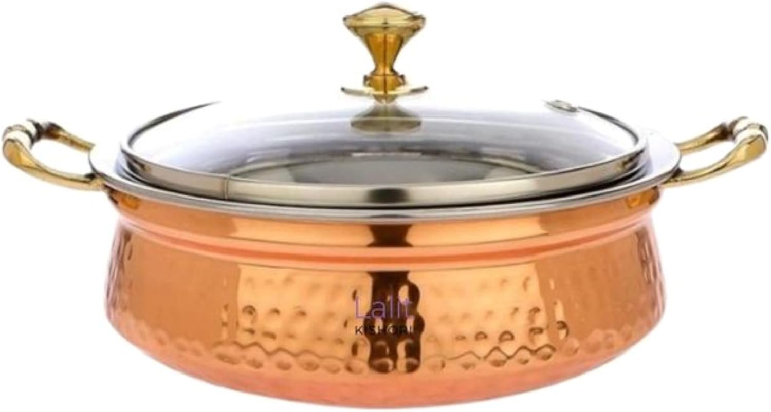 jewellary hub Hammered Copper Handi | Brass Handle | Saute Fry Pan | Combo 3 pcs Set | Copper Sipri with Glass Lid for Cooking and Serving 300, 500 & 700 ml