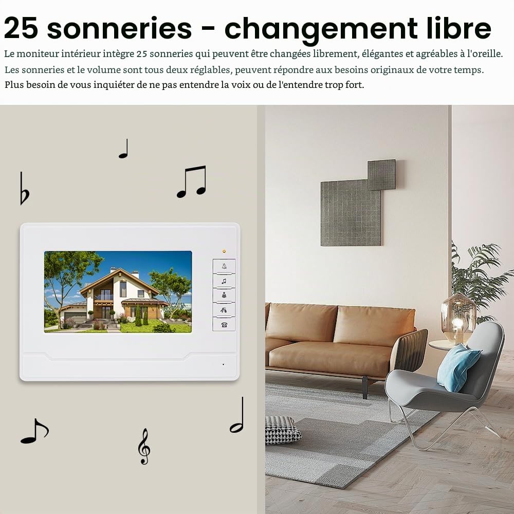 Interphone vidéo à deux voies avec écran de 7 pouces pour le système de sécurité à la maison