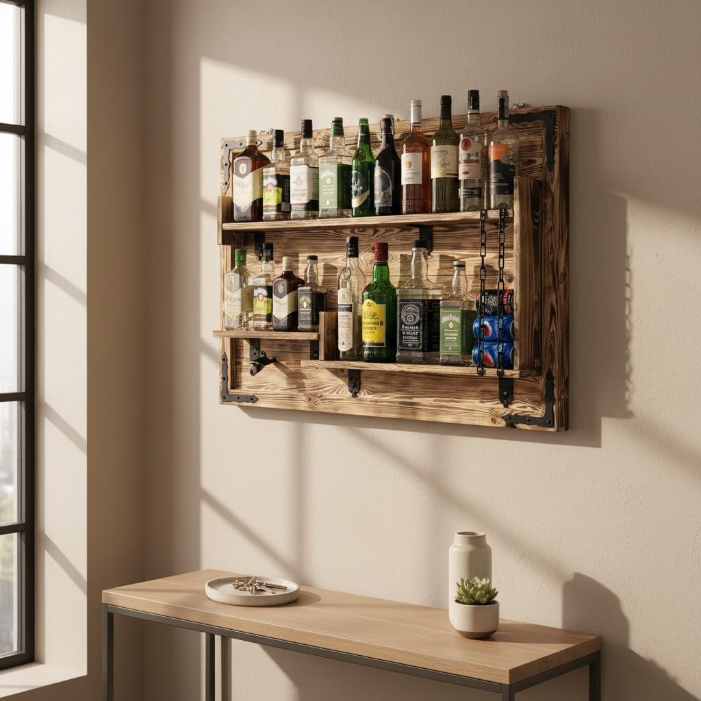 Weeco Estantería de Madera para Colgar en Casa, Hecha a Mano, Estilo Rústico, para Pared, Bar, Botellero, Regalo para Hombres, Cuadro 3D