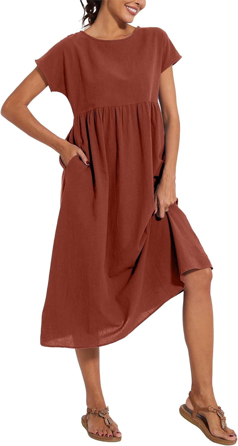 Dresses for Women 2024 Casual Summer Cotton Dress with Pockets Short Sleeve Shirt Midi Long Dress - Image 3