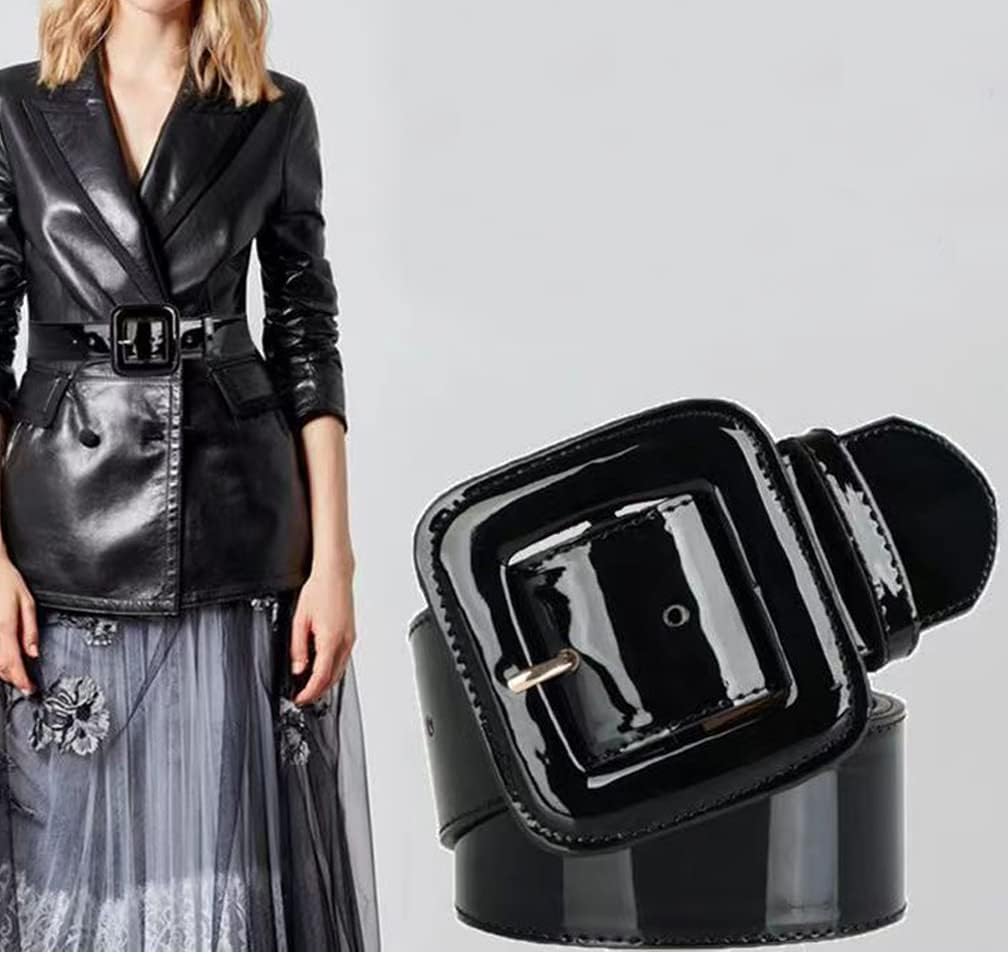 Wide Patent Leather Belt for Womens with Wide Square Buckle Grommet Cinch High Waist Belts for Dress…