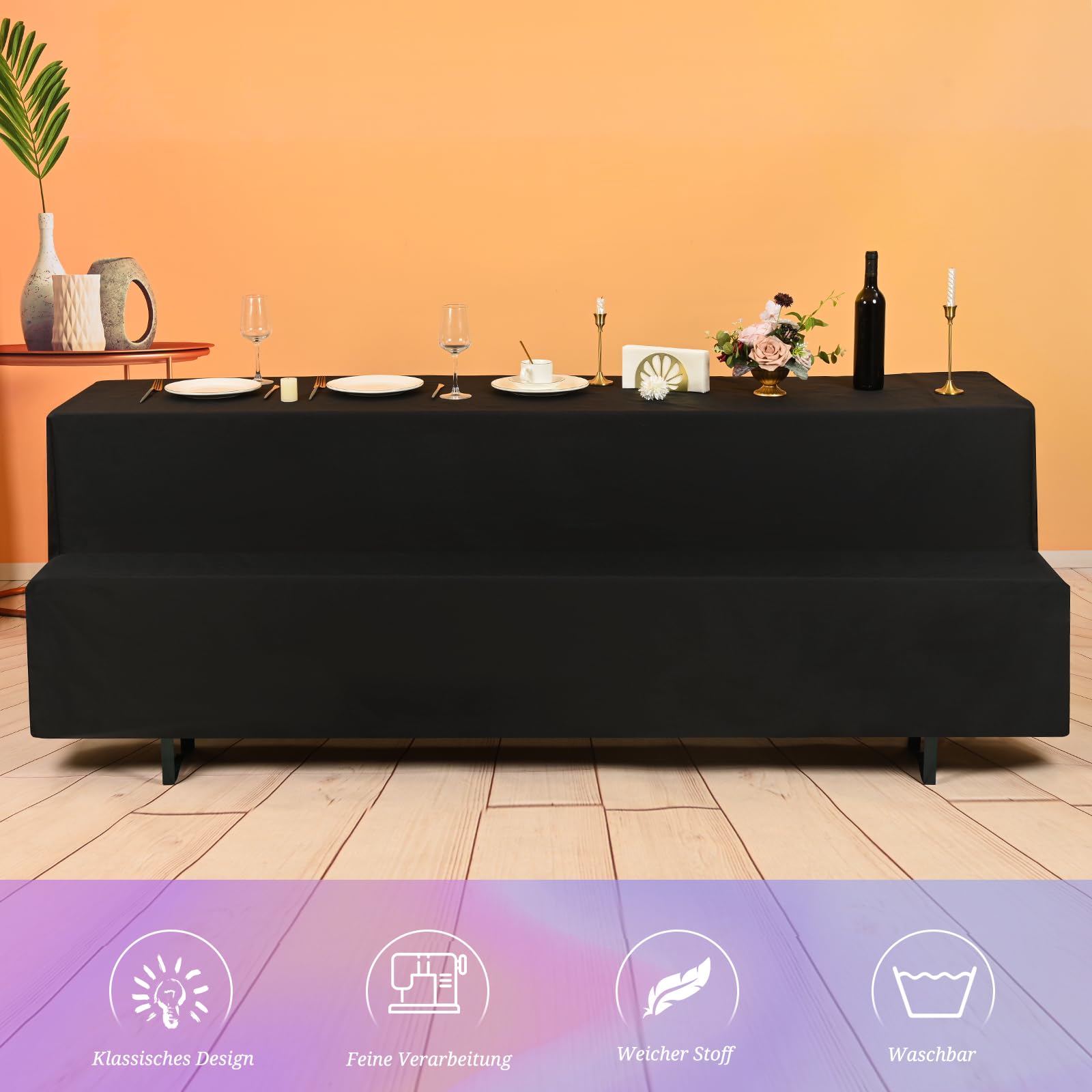 YMHPRIDE 2er-Set Biertischhussen, Schwarz Bierbankhusse und Tischdecken, 50 cm Tischbreite, Bierzeltgarnituren 220 x 50 x 35 cm für Gartenbankett-Gartenmöbel
