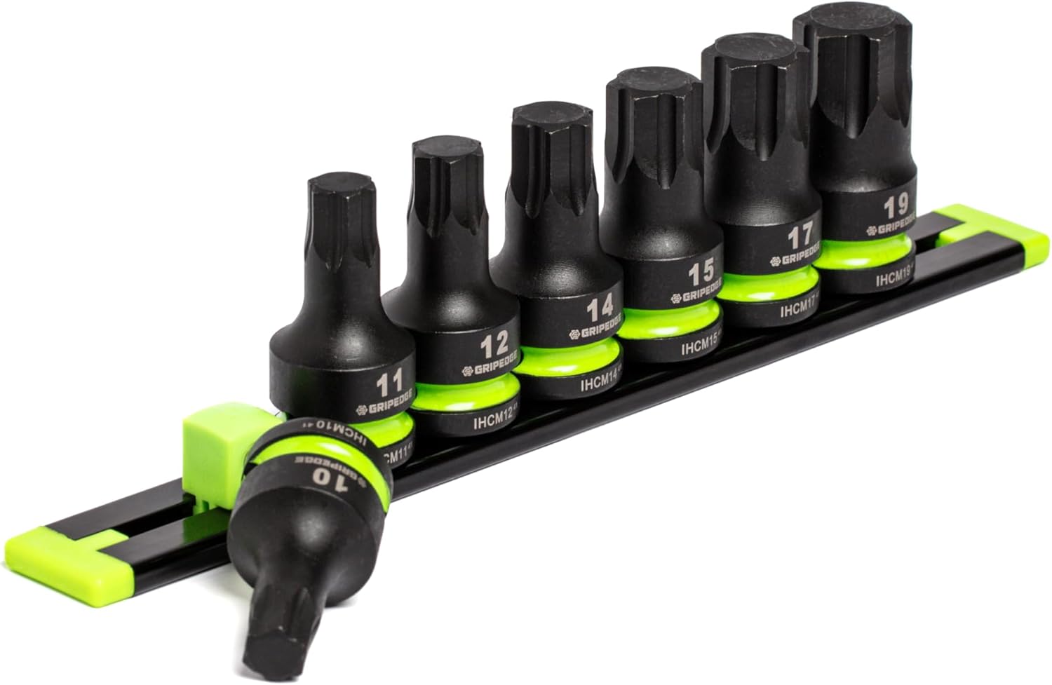 GRIPEDGE Tools | 7-PC - 1/2" Dr Short Metric Impact R.P.T. Hex Driver Set | Sizes 10, 11, 12, 14, 15, 17, 19 MM| Made With Cr-Mo Steel | Includes Premium Aluminum Socket Rail |