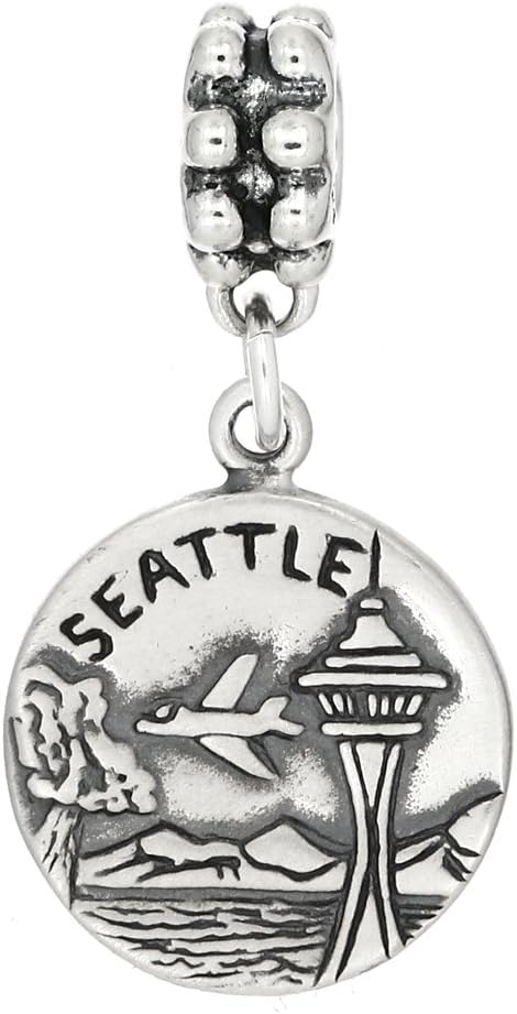 LGU Sterling Silver Oxidized Seattle Washington City of Good Will Round Disc Dangle Bead Charm