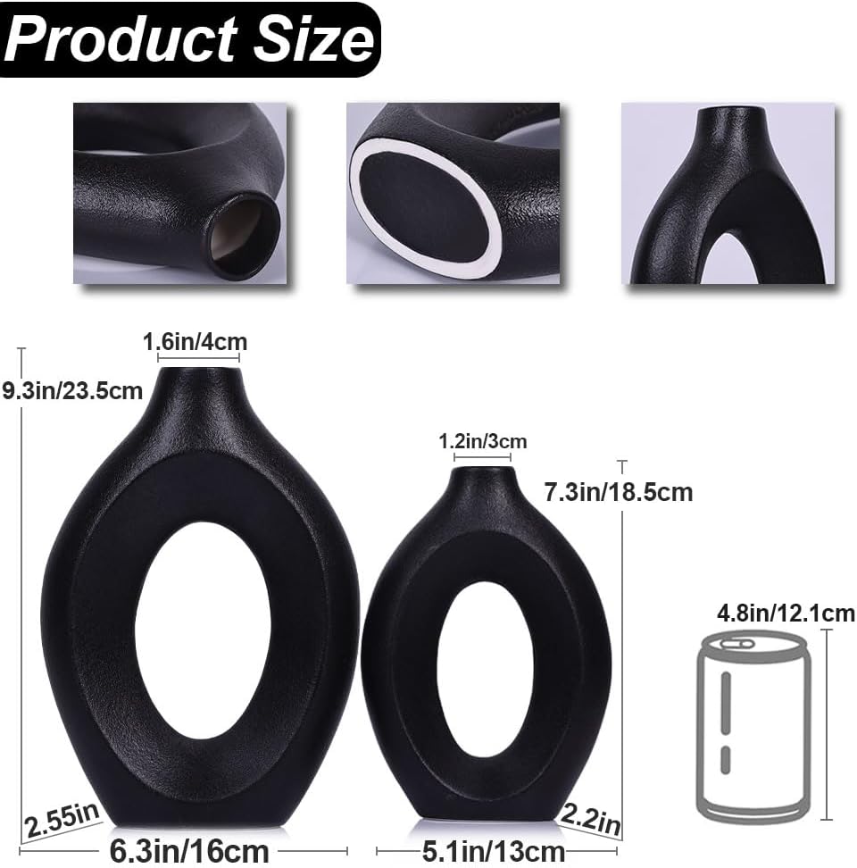 Black Vase Set of 2, Modern Hollow Matte Black Ceramic Vase, Boho ins Style Decorative Pampas Grass Flower Vase for Living Room, Centerpieces, Wedding, Bedroom, Kitchen, Dining Table and Office Decor