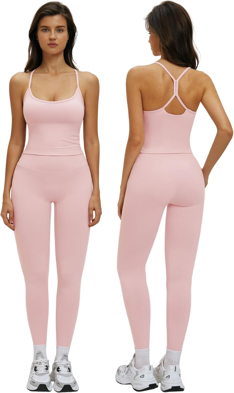 2 Piece Workout Sets for Women Padded Y Back Crop Tank High Waist Tummy Control Active Leggings Sets Yoga Outfits