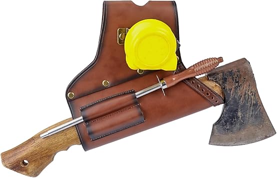 TOURBON Genuine Leather Axe Holster Hammer Hatchet Protector Carrier with Tape Measure Holder for Tool Belt