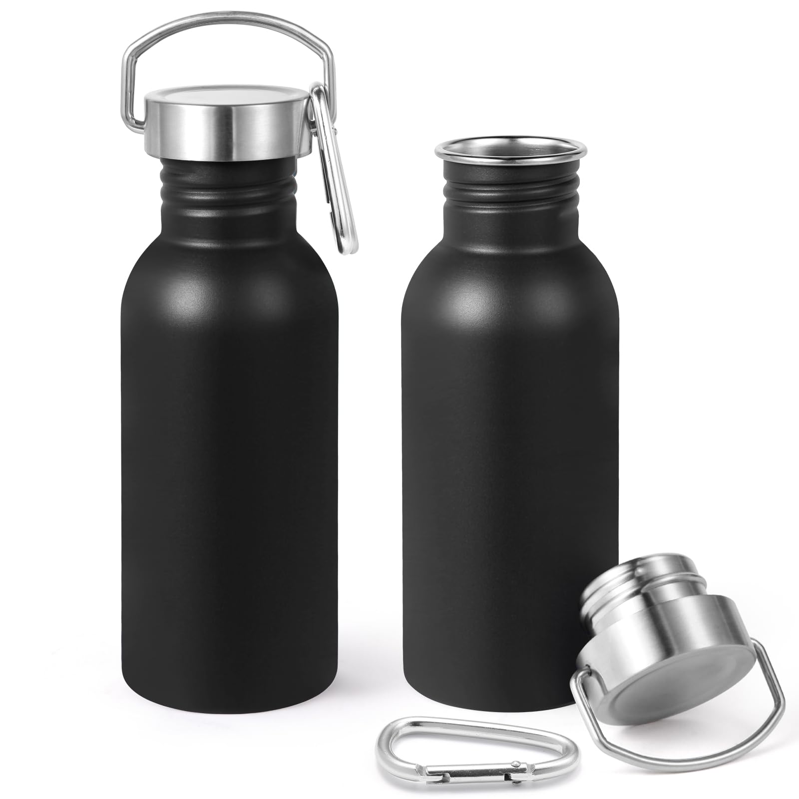 Volhoply 600ml Uninsulated Single Walled Water Bottles 2 Pack, Stainless Steel Reusable Water Bottle with Handle & Carabiner, BPA Free 18/8 304 Sports Water Bottles for Camping Hiking（Black,2）