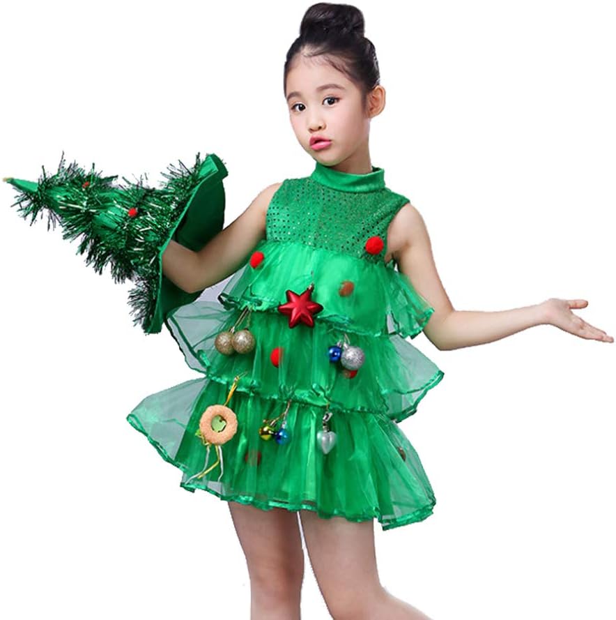 Little Girl Christmas Tree Costume Glitter Lil Xmas Dress Halloween Cos Costume (Small) Green