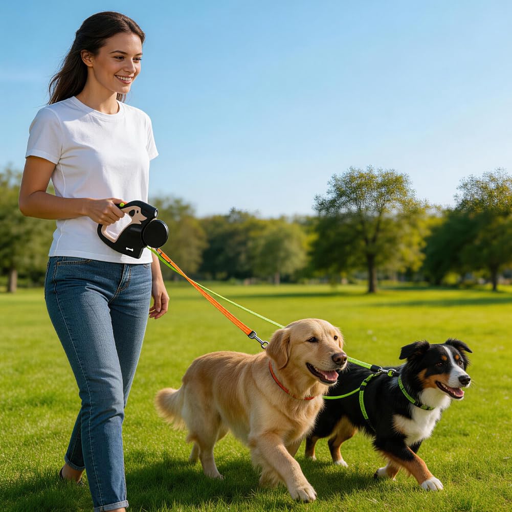 CEWROM Doppelleine für 2 Hunde, 3 m Ausziehbare Anti-Verwickel-Hundeleine mit 360° Drehung, Integrierter Taschenlampe & Kotbeutelhalter, Schnellbremsknopf Für Kleine Und Mittelgroße Hunde