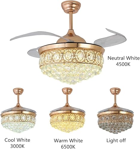Miniatura 4 de RuiWing - Ventilador de techo retráctil de cristal de 42 pulgadas con luces, control remoto, aspas invisibles, ventiladores de techo con iluminación