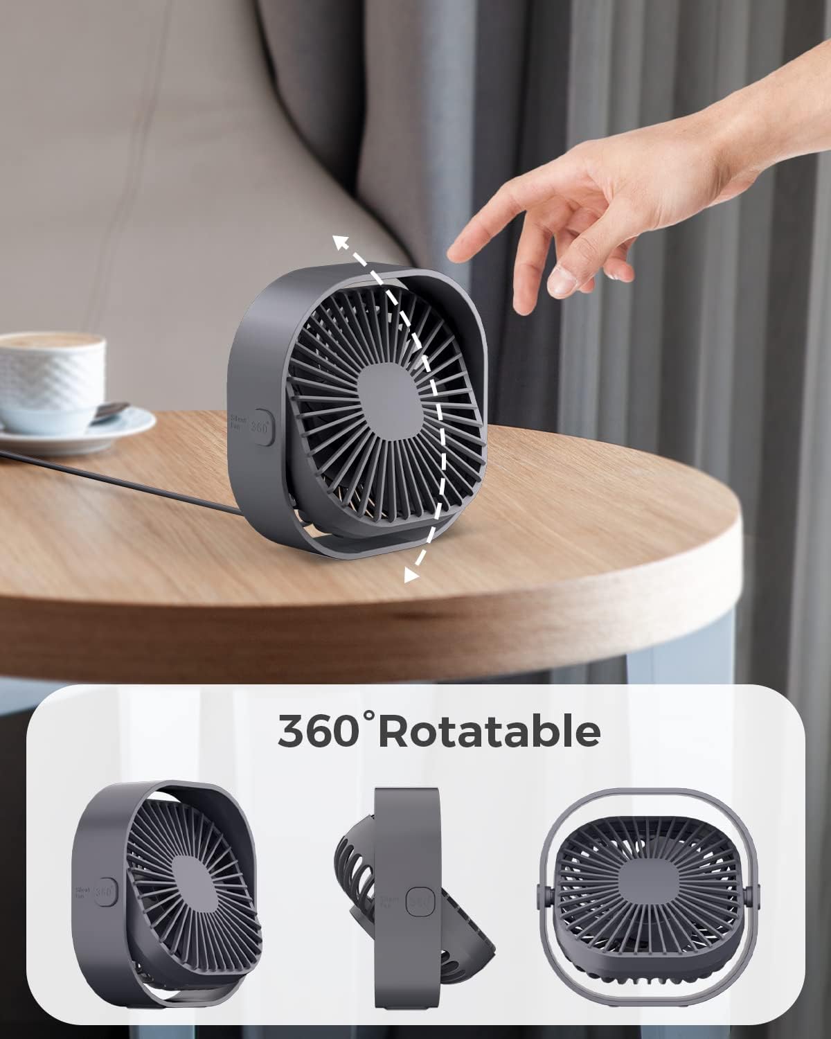 RJVW 4 Inch Small USB Desk Fan, 3-Speed & 360°Rotatable Cooling Fan
