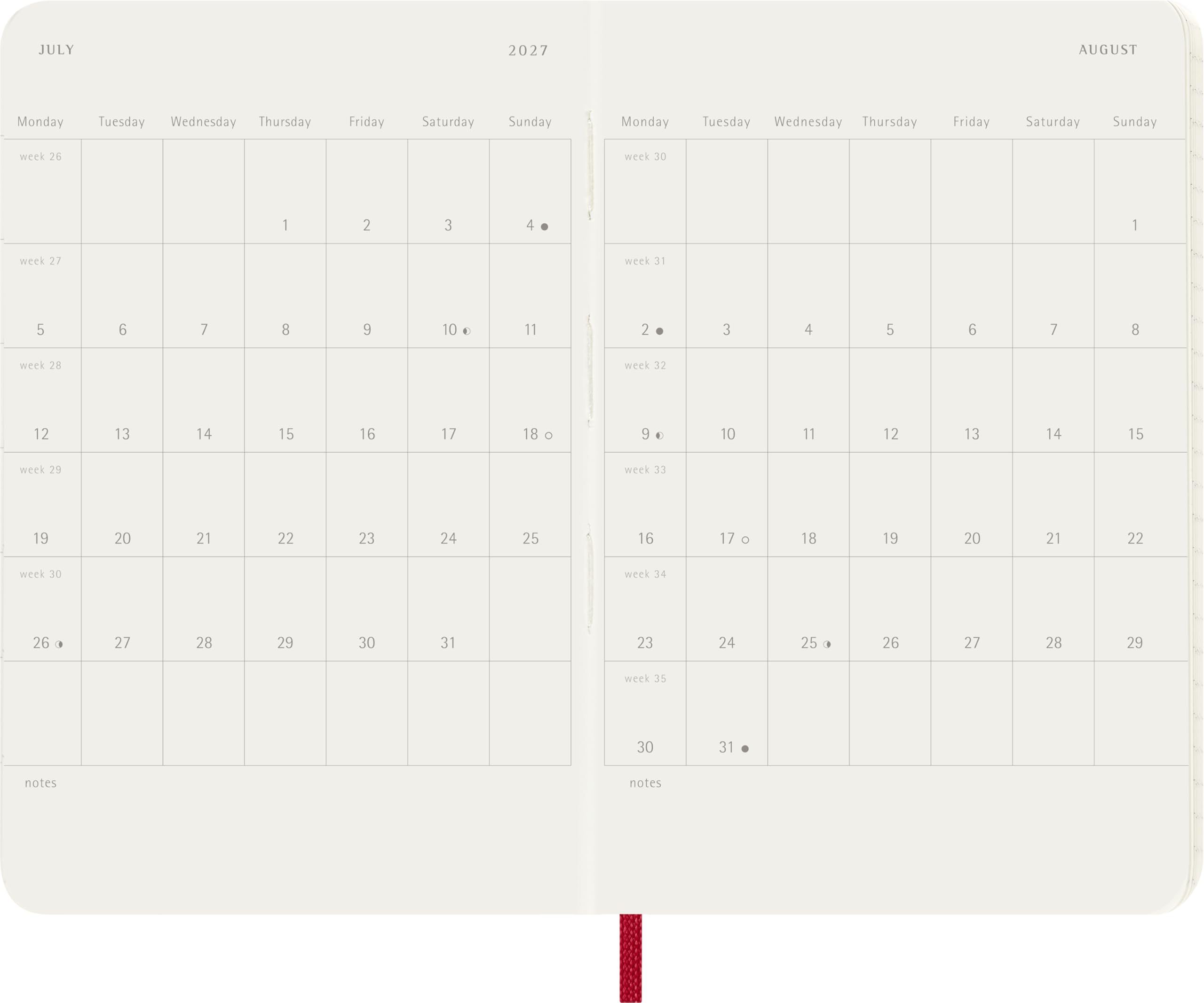 Moleskine Wochenkalender 2027, 12-Monats-Planer mit Platz für Notizen, Softcover, Elastischer Verschluss, Format Pocket 9x14 Cm, Scharlachrot
