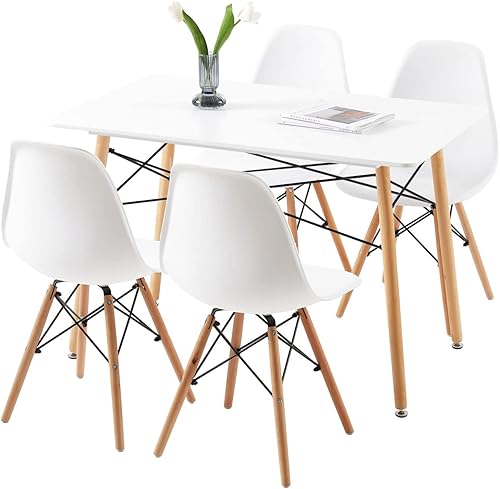 Liink1Ga White Kitchen Table Chairs Set for 4 People Includes 1 Rectangular White Dining Table and 4 White Mid Century Chairs for Kitchen  Dining