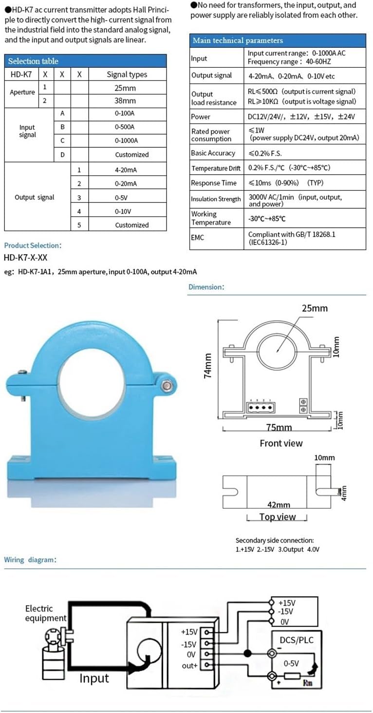 Split Core Hall Effect Current Sensor 4-20mA DC Output Current Transmitter(0-5v,0-3A-31MM-DC12-28V)