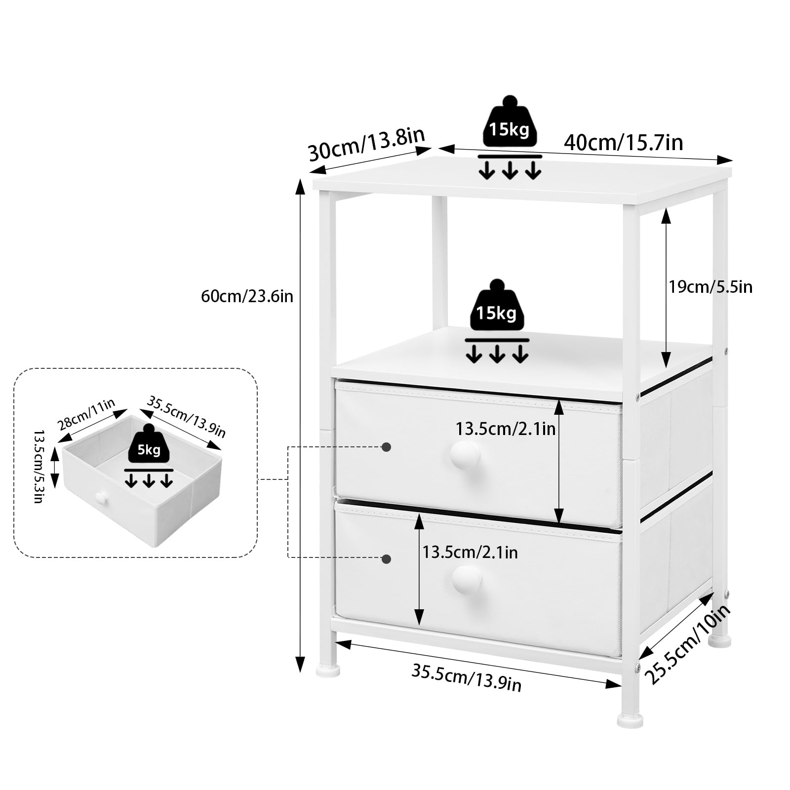 Mesita De Noche EUGAD Blanca - 40x40x43.5 Cm, Con 2 Estantes - Para Dormitorio, Salón, Mesa Auxiliar, Capacidad 30 Kg