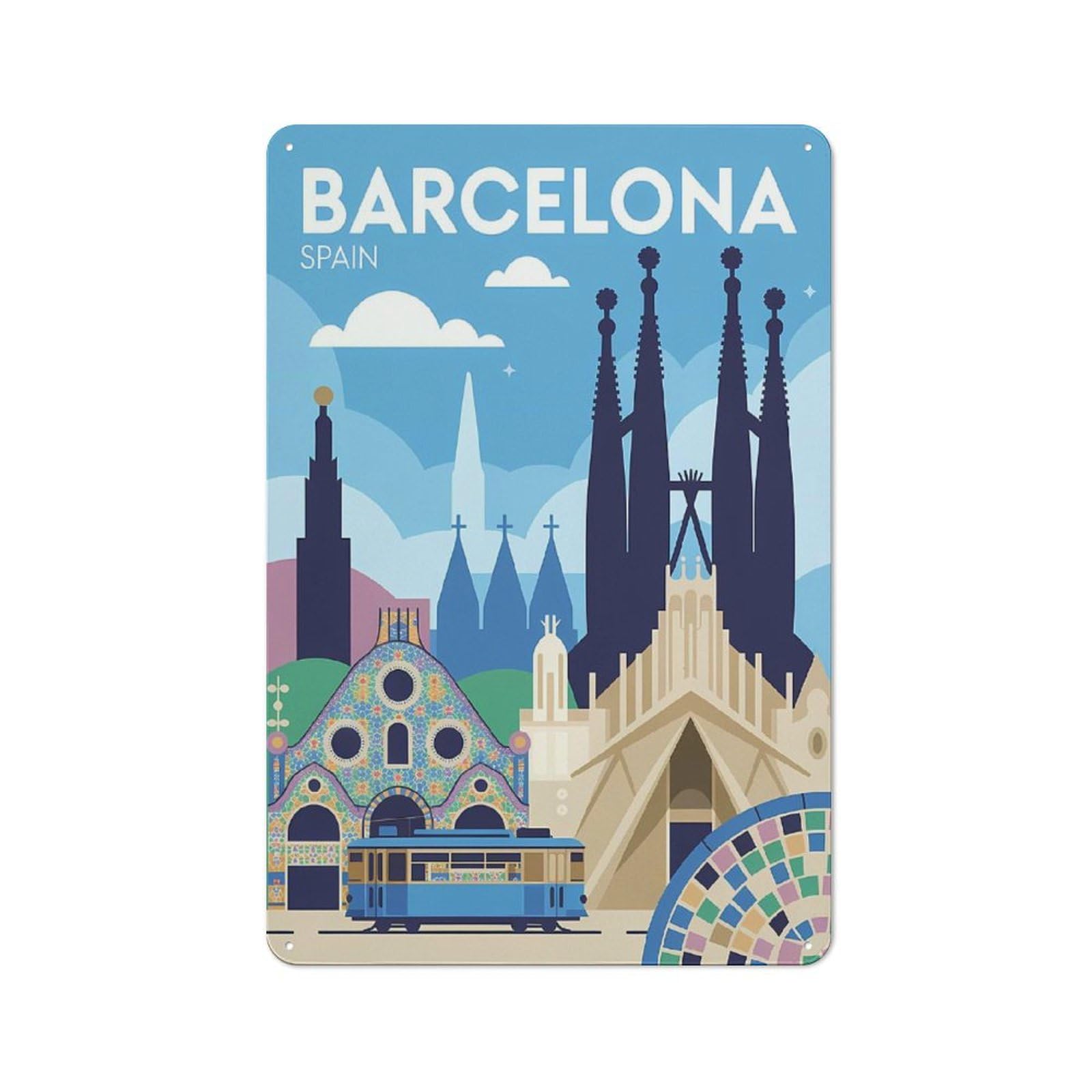 Junmoney Style-8 Tin Wall Plaque 30X20cm With Barcelona Spain Travel (3) For Workshop Wall, Housewarming Wall Decor For People Furnishing Workshop