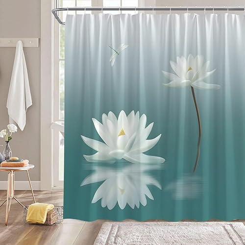 Cortina de ducha de loto blanco, libélula verde azulado, azul, lirio de agua, floral, estilo japonés, relajante, naturaleza, decoración de baño,