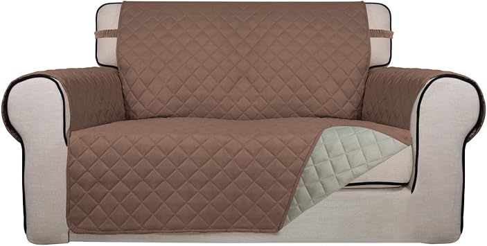 PureFit Reversible Quilted Sofa Cover, Water Resistant Medium Slipcover Furniture Protector, Washable Couch Cover with Non Slip Foam and Elastic Straps for Kids, Dogs, Pets Loveseat, Brown/Beige