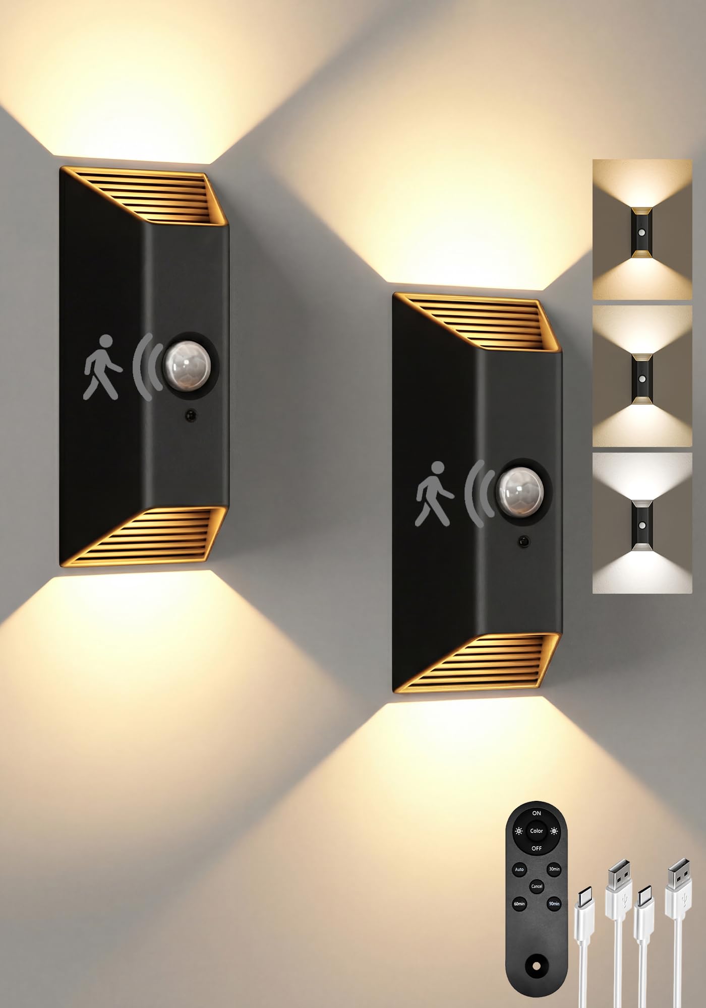 EZVALO Akku Wandleuchte Innen mit Bewegungssensor, 4000mAh Akku Wandlampe mit Fernbedienung, 3 Farben, Timer-Funktion, Wandlicht Up and Down, Aufladbare LED Wandleuchte für Treppe, Flur(2 Stück)