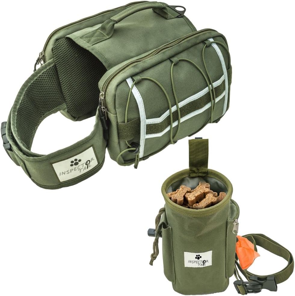 Waterproof Dog Saddle Bag & Treat Pouch Bundle for Medium & Large Hound | Reflective & Lightweight Backpack w Roomy Pockets | Gear…