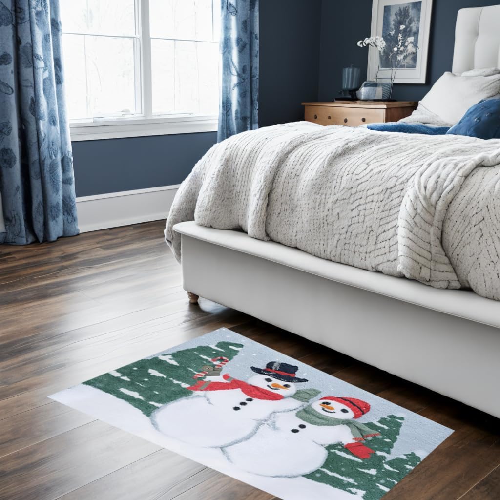 St. Nicholas Square Christmas Holiday Bath Rug,Soft and Absorbent Polyester Pile,20x30 Inches,Snowman Couple Winter Scene Design for Indoor Use,Home Bathroom Decoration,Green,Red,White,Black,Gray
