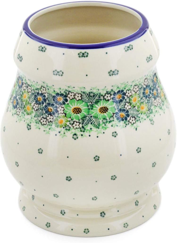 Polmedia Polish Pottery Vase UNIKAT - Green Wreath Pattern Handmade in Boleslawiec Poland by Ceramika Artystyczna + Certificate of Authenticity