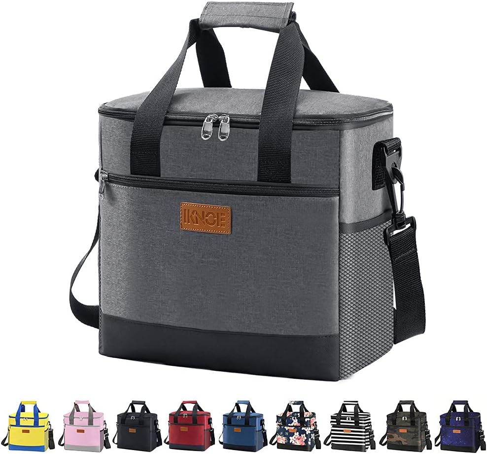 iknoe Large Cooler Bag Collapsible 24 Can Insulated Bags Leakproof Lunch Cooler Tote with Multi-Pockets for Adult Insulated Thermal Bag for Beach, Picnic, Office Work, Grey