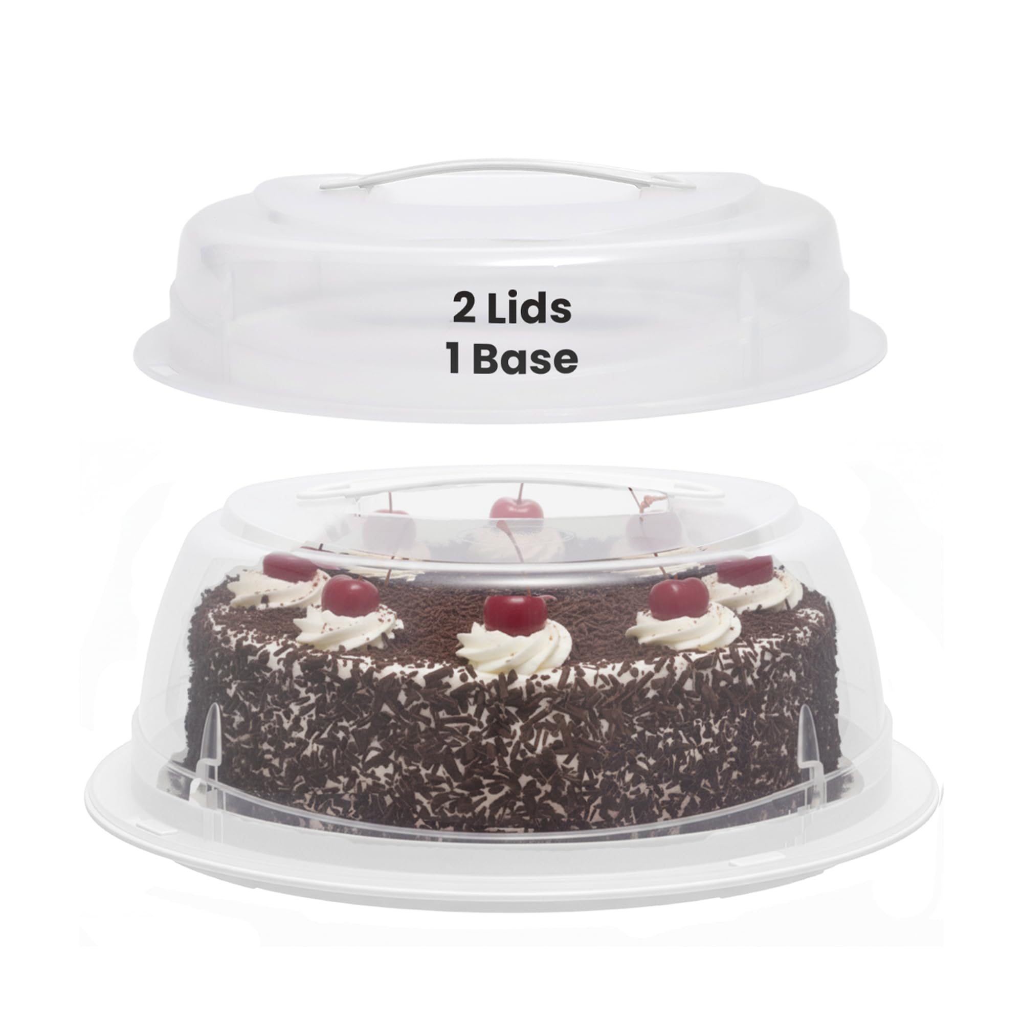 Meown Cake Box 27cm Round with 2 Lid, Secure Clip Lock Lid and Flip Base, Durable Plastic Carrier for Cakes, Pies, Cupcakes, Stackable, Portable Food Safe Storage (WHITE ROUND)