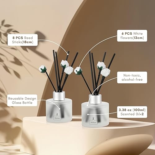 Miniatura 2 de Brakula Juego de 2 difusores de junco, aroma a lino fresco, fragancia para el hogar con 14 varillas, decoración de baño, difusores de varillas para