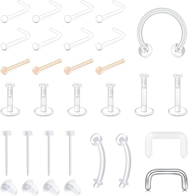 QWALIT Clear Nose Rings Studs L Shape Piercing Retainer Flexible Nose Bone Flesh Skin Color Nostril Piercing Retainer for Work 18g 20g Flat Top