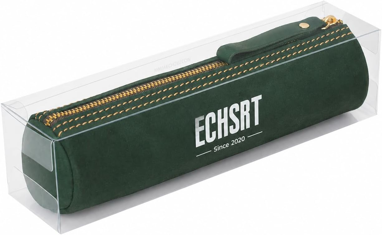 ECHSRT Vintage Leather Pencil Case for Men & Women | Classic Cylinder Pen Holder | Genuine Crazy Horse Leather Pouch | Full-Grain Cowhide Organizer for Work, College, Travel (Green)