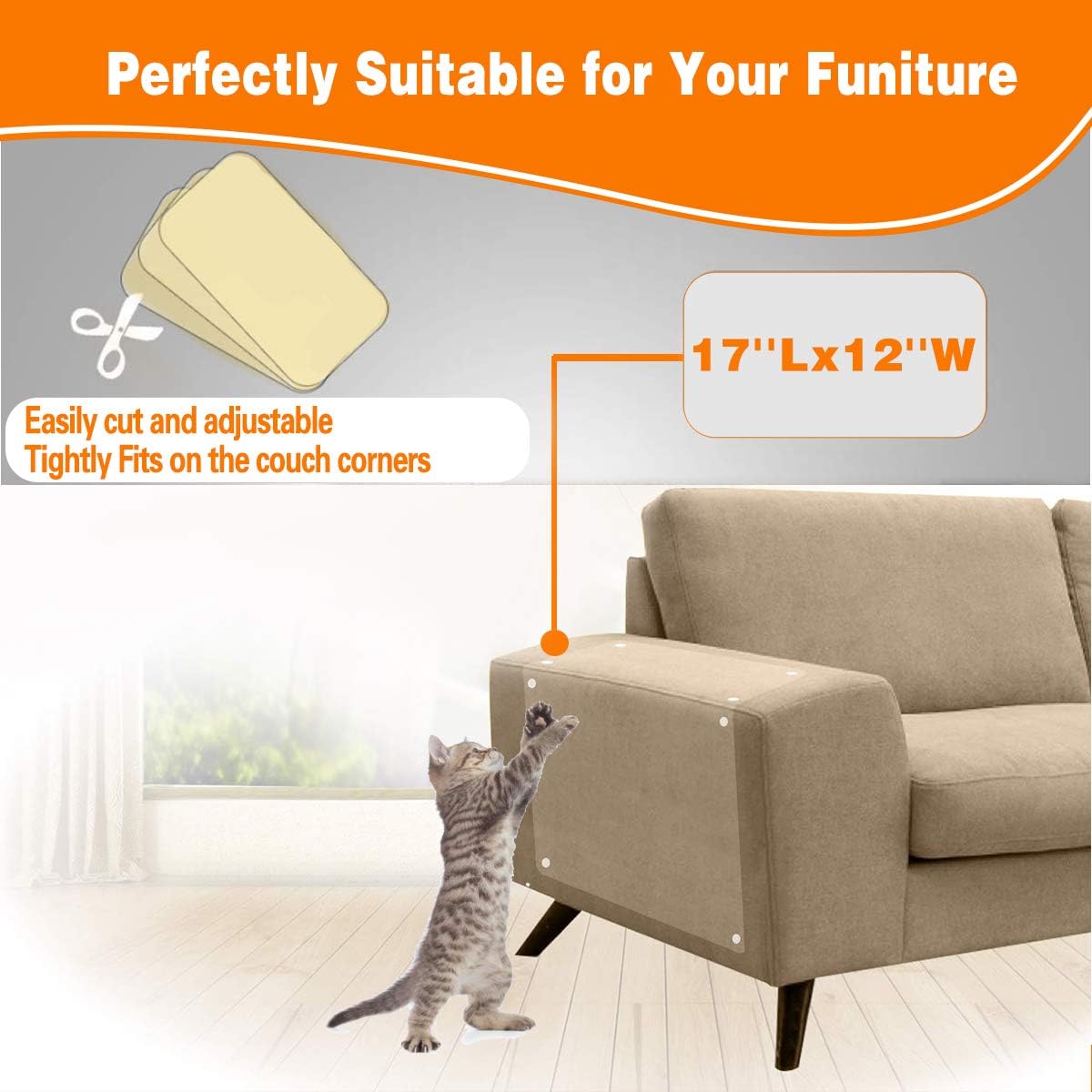 Cat Furniture Protector, Self Adhesive Pads for Cat Dog Claw(Set of 12), Cat Couch Protector Without Pins, Cat Scratch Deterrent for Your Home Protection,17 x 12 Inches, Residue-Free : Pet Supplies
