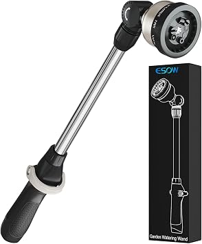 ESOW Garden Hose Wand 16 Inches, Watering Sprayer Wand with 9 Watering Patterns, 180 Adjustable Swivel Head, 100% Heavy Duty Metal Hose Nozzle, Thumb Control On Off Valve