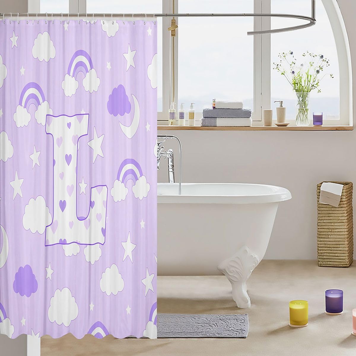 jejeloiu Cute Purple Rainbow Shower Curtain Star Moon Print Bath Curtain Personalized Letter L Bathroom Waterproof Accessories with 12 Hooks Love Heart Waterproof Polyester,72x72 Inches image 3