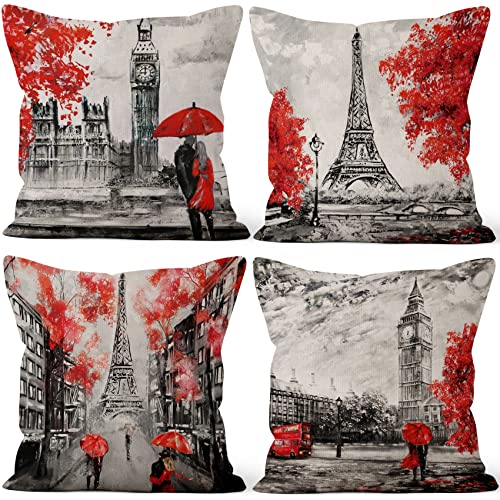 Aoihrraan Housses de Coussin Lot de 4, 41x41cm Tour Eiffel Huile Peinture France Paris Coussin Couvertures Carré Oreiller Cas, Lin Taies d'oreiller avec...