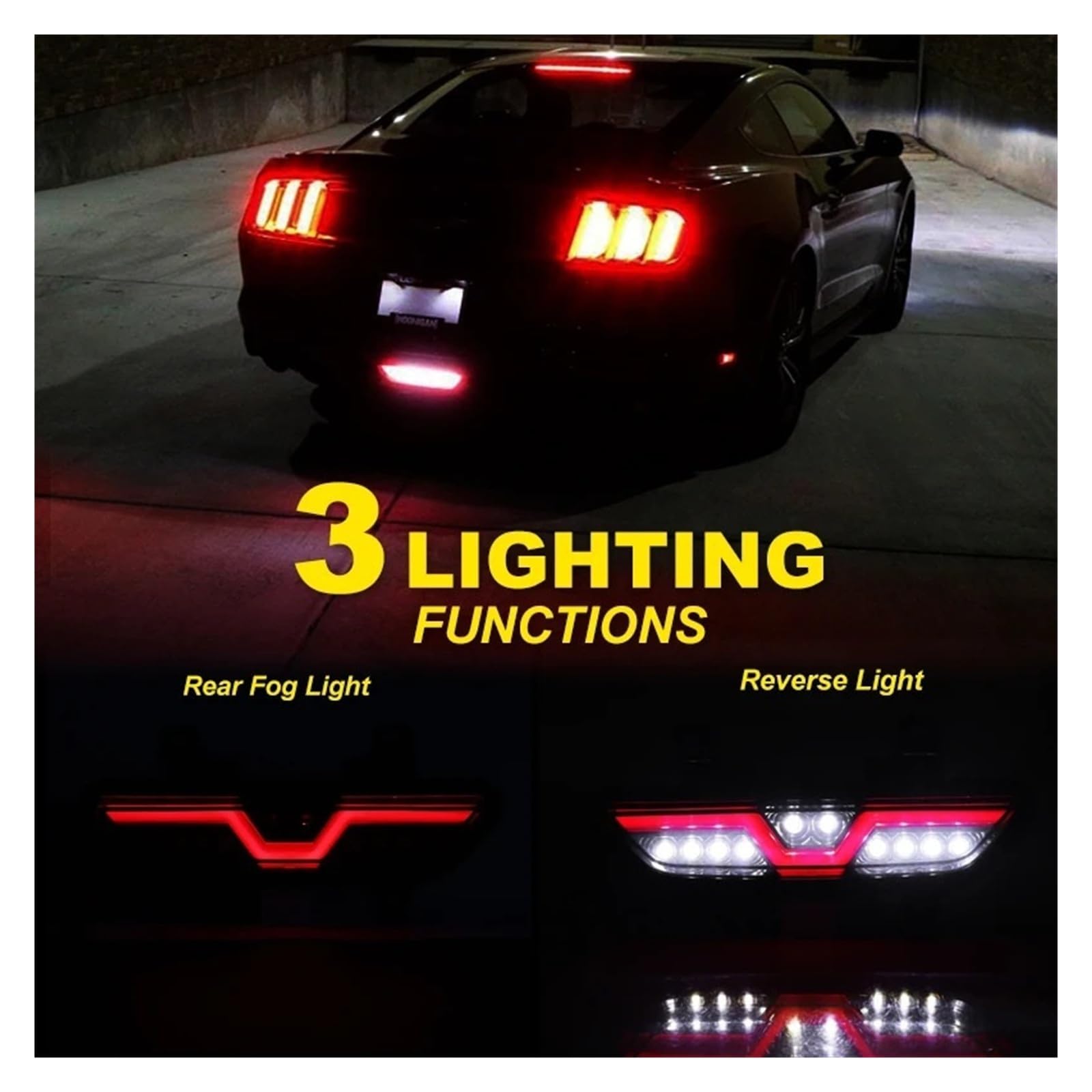 Fendinebbia posteriore con lente fumé for Ford Mustang 2015-2018 Anello LIGHT rosso come lampada di coda/freno e LIGHT bianco come lampada di retromarcia di riserva