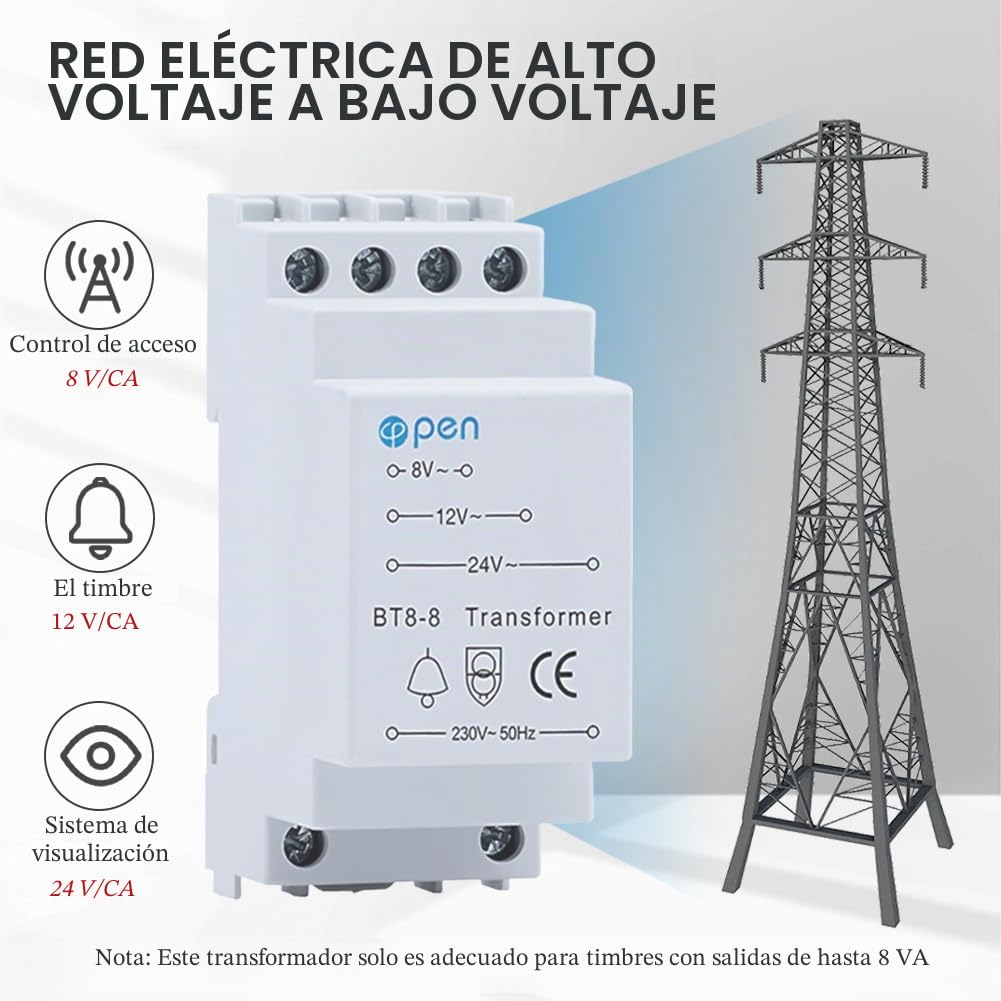 Transformador de Timbre, transformador para Timbres con Cable, Fuente de alimentación de riel DIN, 8V/12V/24V, Transformadors de Timbre Compatible Con Ring/Chime/timbre Inteligente (Blanco)