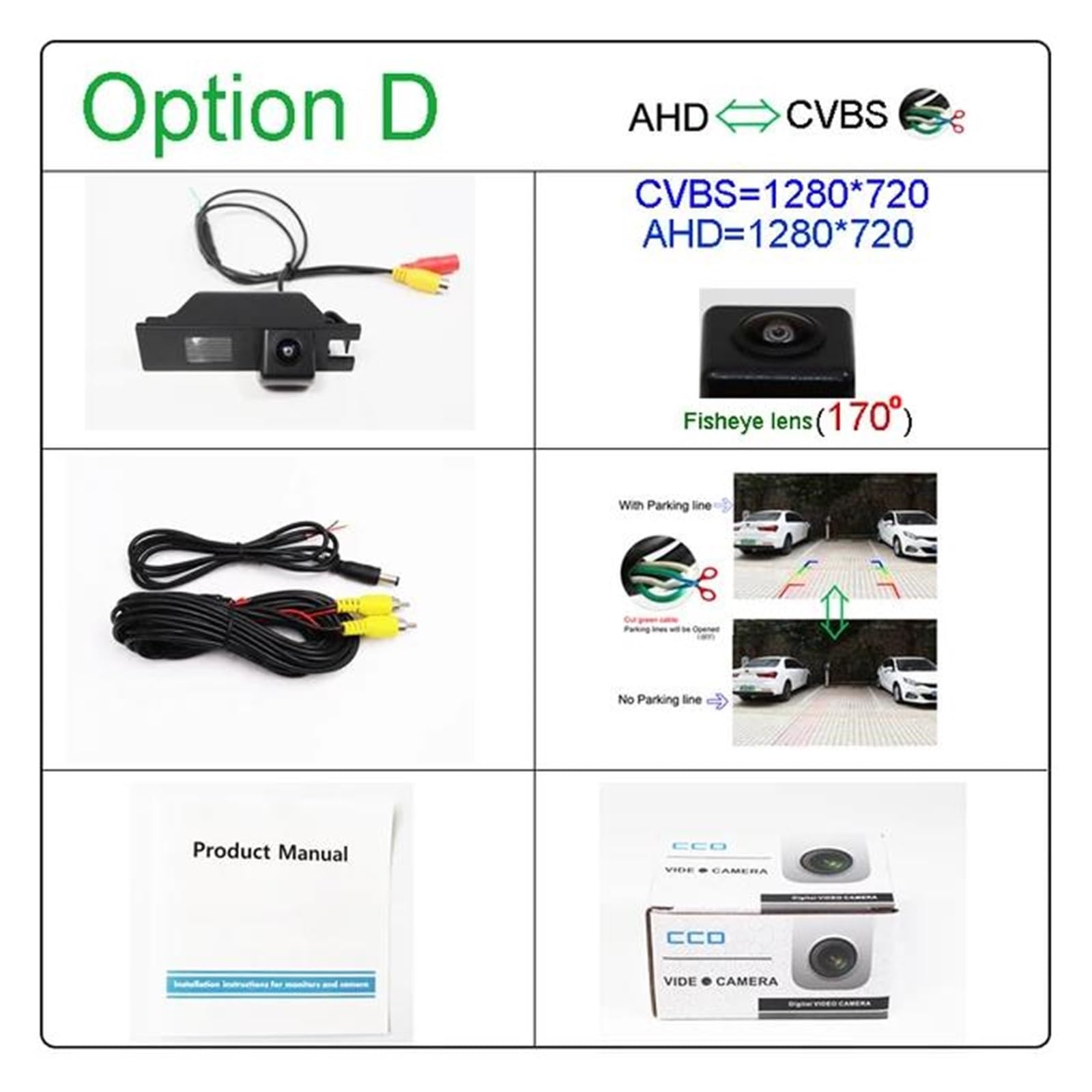 recul étanche caméra Caméra de recul 180 degrés AHD 1920x1080P pour Meriva, pour Vectra pour Zafira(Option D)
