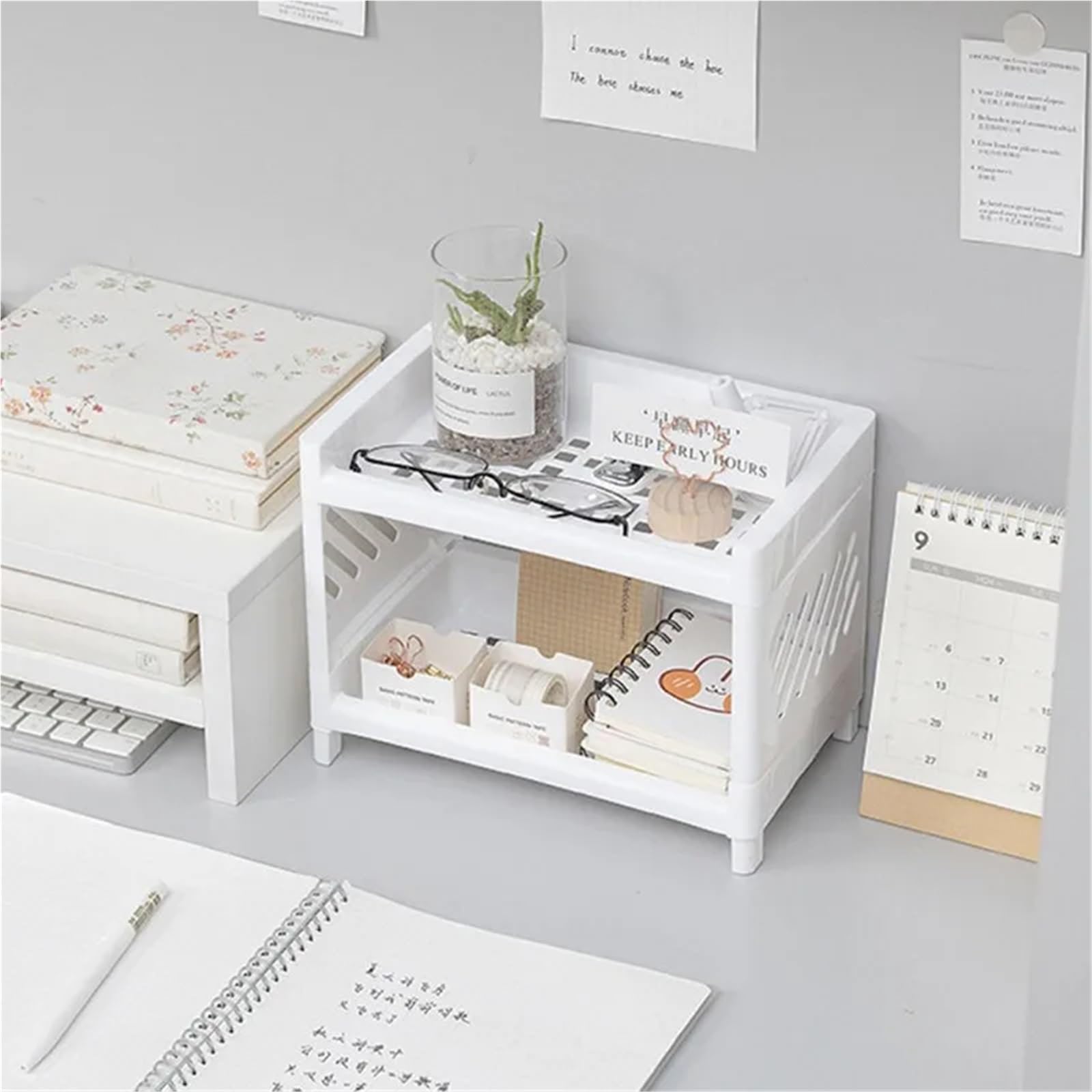 organisateur bureau Desktop Double-layer Plastic Storage Rack Office Stationery And Cosmetics Box Kitchen Bathroom(White 3pcs)