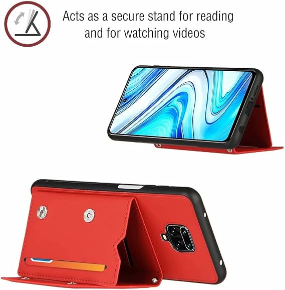 ケース Compatible with Xiaomi Redmi Note 9S カードホルダーとリストストラップ付きレザーウォレットケースPUフリップフォリオキックスタンド保護電話ケース Red