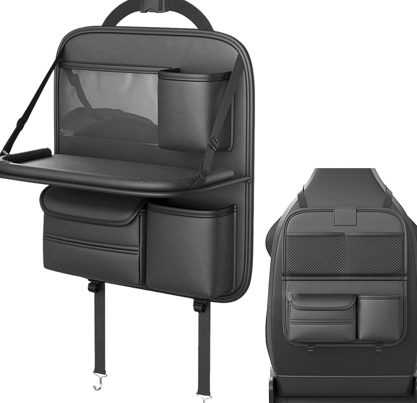 Premium PU Leather Car Backseat Organizer with Foldable Dining Table Tray – Multi-Pocket Back Seat Storage, Waterproof Kick Mat Protector, and Travel Accessory Holder-image-45